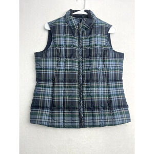 Eddie Bauer Premium Goose Down Puffer Vest Blue Green Plaid Full Zip Size Small